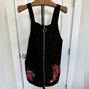 Black Faux-Suede Mango Pinafore Dress with Rose Embroidery